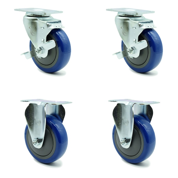Service Caster 4 Inch Blue Polyurethane Swivel Top Plate Caster Set with 2 Brakes 2 Rigid SCC SCC-20S414-PPUB-BLUE-TLB-2-R414-2 - main
